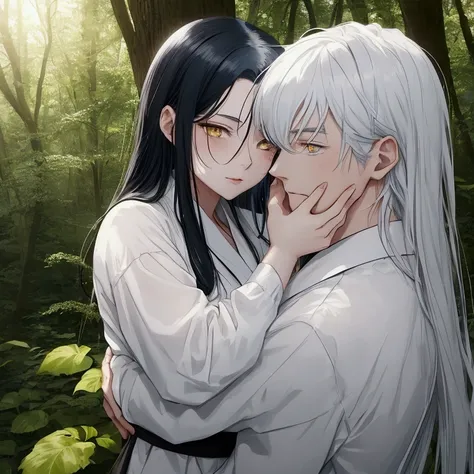 Man and woman hugging in the woods ,  The man is Gojo Satoru, who has white all white hair and blue eyes. This woman has long black hair and yellow eyes, Mikasai.