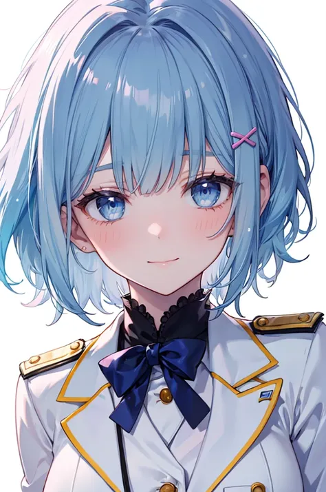 Masterpiece, ((1 girl)), ((Best Quality)), (Ultra-detailed), Highly detailed, (Portrait), ((Big breasts)), ((Short Hair, Light Blue hair, Blue eyes, Blunt bangs, Sweep bangs)), ((20-years-old, Young girl)), ((White Skin)), (Full White Blazer Uniform, White...