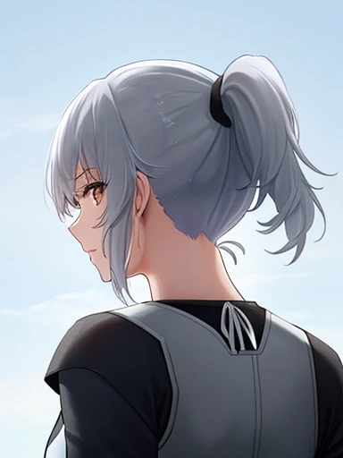 The upper body has gray hair and a double ponytail,  back to back ,  Looking Up at the Sky 