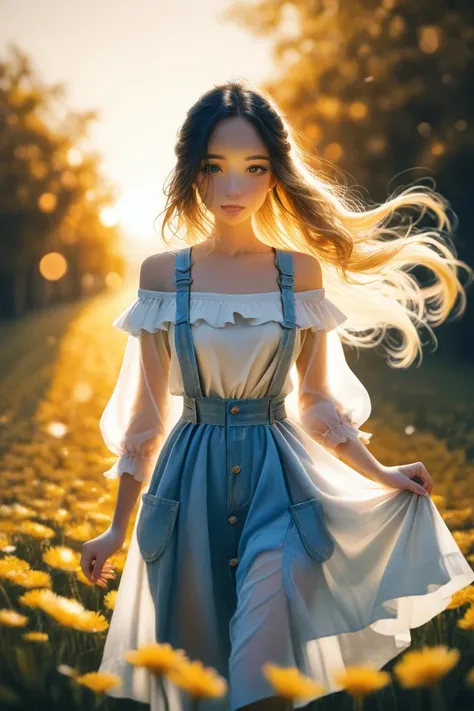 A young woman with dark, flowing hair, standing amidst a field of tall grasses. She wears a delicate, off-shoulder top and a translucent skirt. Her left hand is extended outward, and her gaze is directed towards the viewer. The background is bathed in a so...