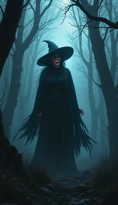 The witchs scream echoes through the night, making the air tense and cold. A haunted forest scene, with an ethereal scream piercing through the air as the trees sway