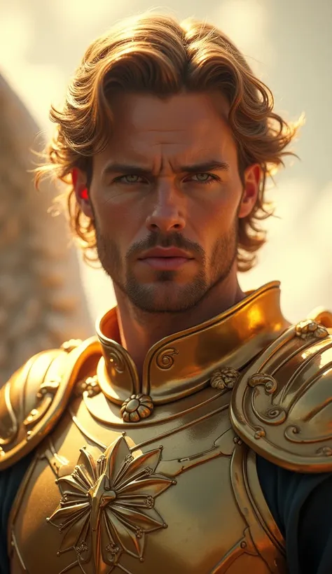 "A close-up, angelic and powerful depiction of Archangel Michael focusing on his face and upper body. His confident and piercing gaze exudes strength and determination. The intricate golden accents of his shining armor are visible, and part of his glowing ...