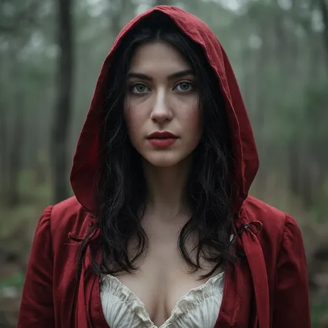 28-year-old woman, cosplay as Little Red Riding Hood, fair skin, green eyes, black hair, red lipstick, vampire fangs, deep neckline blouse, natural breasts, pine forest, faint mist, lomo filter --ar 4:5 --v 6.0 --style raw