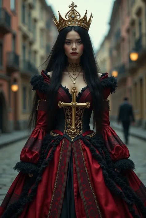  White woman with long black hair ,  with a golden crown on her head ,  wearing red and black antique long dress,  with Godê dress skirt . Evening street background ,  with a cross on the back 