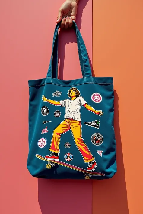 So I am having a business that creates tote bags from velvet pants. Can you create one of these as a prototipe. I want it to look aestethic but to include Andy Warhol art style and stickers related to skate. I want to take the picture in an aestethic wahy ...