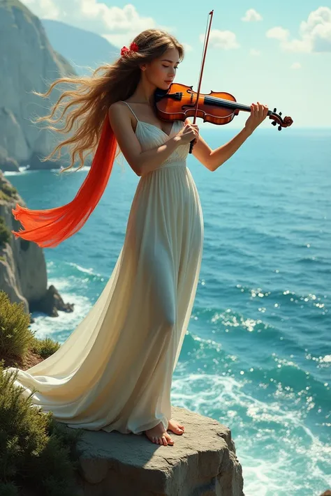 Aphrodite wears a red scarf in her hair and plays the violin on a rock near the sea