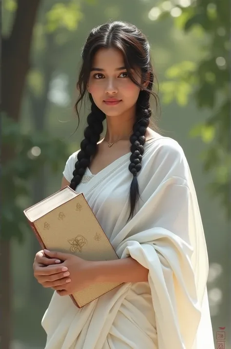 The girl is wearing a simple white saree. Her very long hair is tied in a braid. She is holding some college books in her hand.