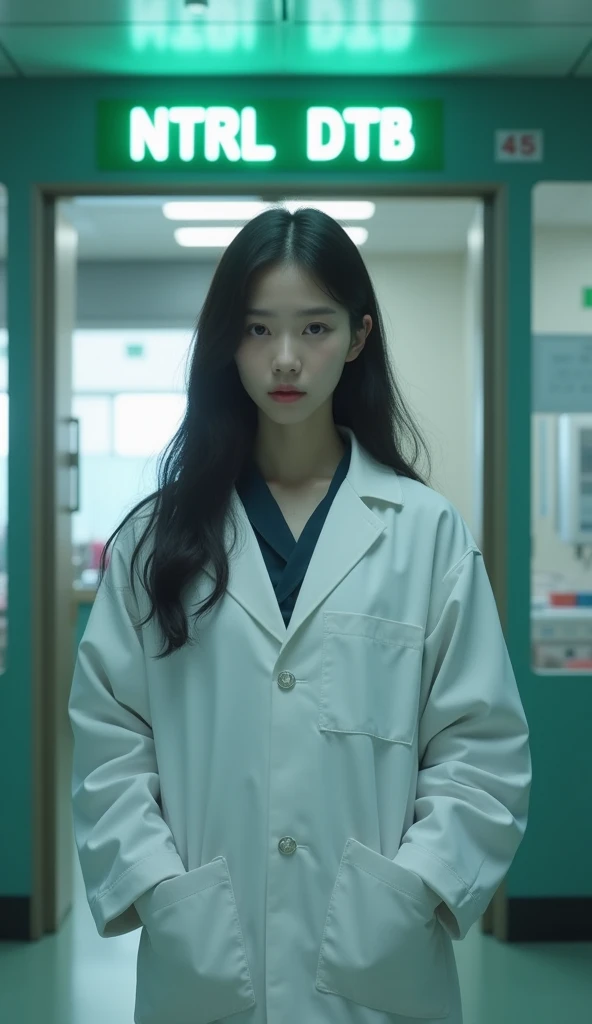 Korean girl standing in front of lab door, wide angle, green sign, white letter, word NTRL DTB on wall