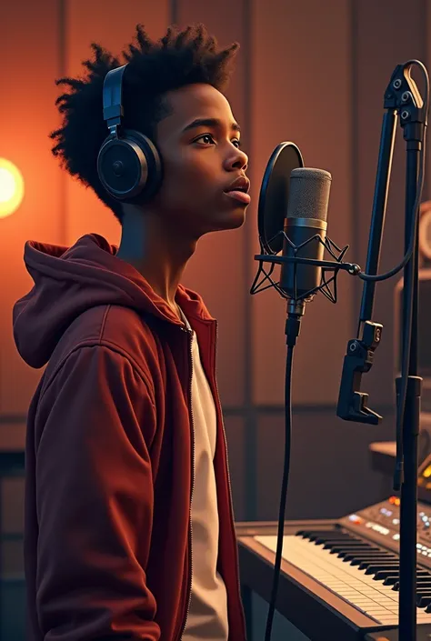 A young black boy recording his new song in the studio