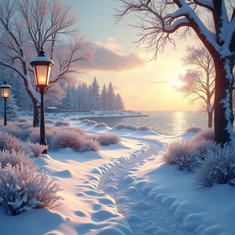 a whimsical amazing breathtaking scene of a path to a beautiful park, with a breach, beautiful scenery, lapms, all beautiful breathtaking Christmas decorations, A snowy winter landscape with a frozen pond and a wooden bridge. The stage is covered with a th...