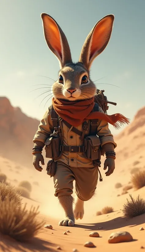 A humanoid rabbit walking straight forward across a barren desert, dressed in rugged adventurer gear with a scarf billowing in the wind. The rabbit’s tall ears and expressive face stand out as it strides confidently over the sunlit dunes, with scattered ro...