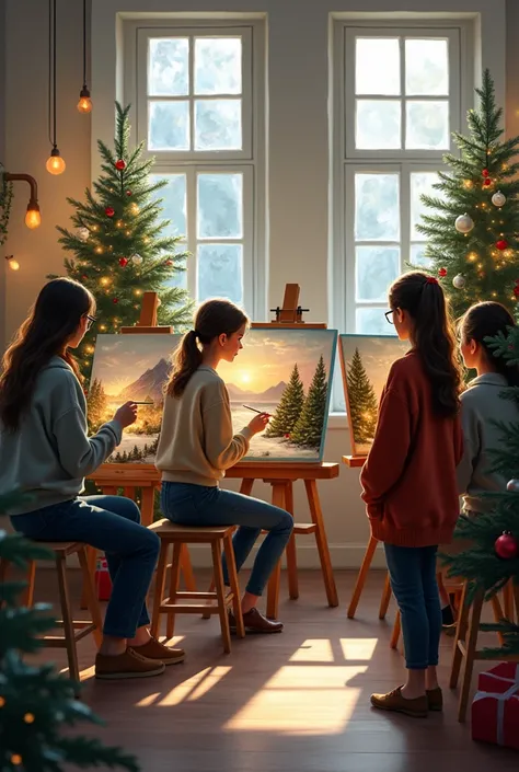 create a realistic image of female students painting pictures with Christmas trees 
