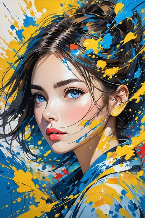 artistic portrait of a woman  ,   created with an abstract style full of dynamic brushstrokes  .   The face focuses on the eyes and lips  ,   that stand out with realistic details  ,   while the rest fades away in fluid strokes and splashes of color  .  Th...