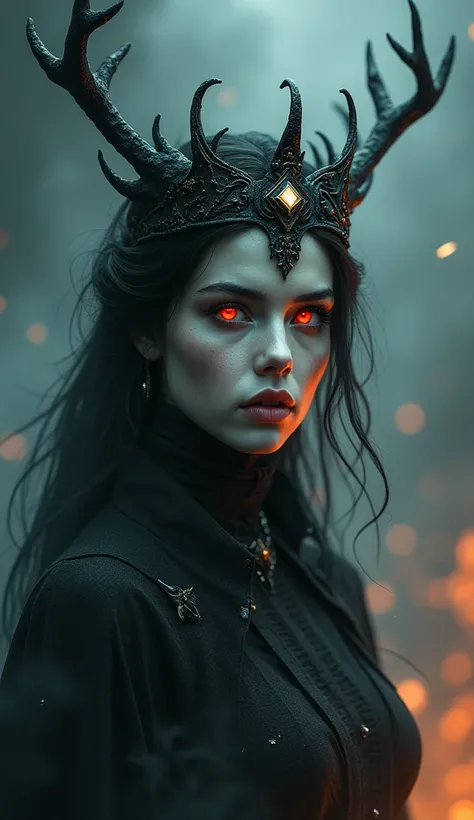 A photo of a female figure with striking features. She has pale skin, glowing red eyes, and a crown-like headpiece adorned with intricate designs and a central gemstone. The headpiece has antler-like structures extending from its sides. The background is a...