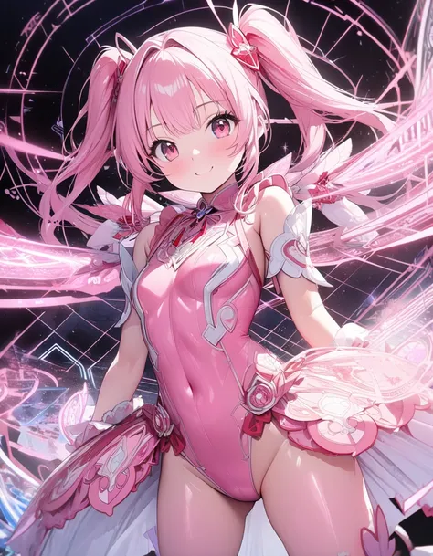 ((masterpiece)), ((highest quality)), (Super detailed), ((cute)), cute, (Lovely), ((sexy)), (device), ((Very detailed)), 4K, (8k), highest quality, (beautiful), One girl, , Shiny skin, Pink Hair, Long Hair, Both sides up, Pink Eyes, Magical girl, , Small b...