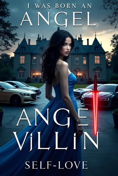 Create a dramatic book cover. Show a woman in a flowing blue dress with long dark hair, her face serious and slightly sad. She is in front of a large, dark mansion with luxury cars parked outside. The background has a sunset sky, creating a moody and drama...