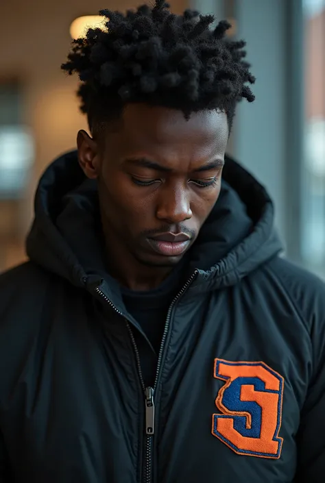 A black person in a jacket with a flocked SMI logo in orange and blue who is thinking while looking down