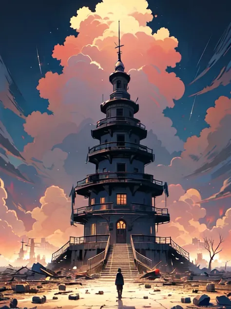  and a lonely black tower standing in a devastated apocalyptic world。 the sky is covered with red and gray clouds 、The ground gives off a 々 and rubble 。 ominous shadows sway around the tower 、Heavy々 atmosphere like dead trees 。