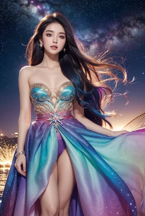 An extremely beautiful and cute starry girl, close up A stunning, multicolored starry girl with vibrant flowing hair that shimmers in hues of blues, pinks, and purples, adorned with tiny glowing stars. Her luminous skin radiates a soft, ethereal glow, high...