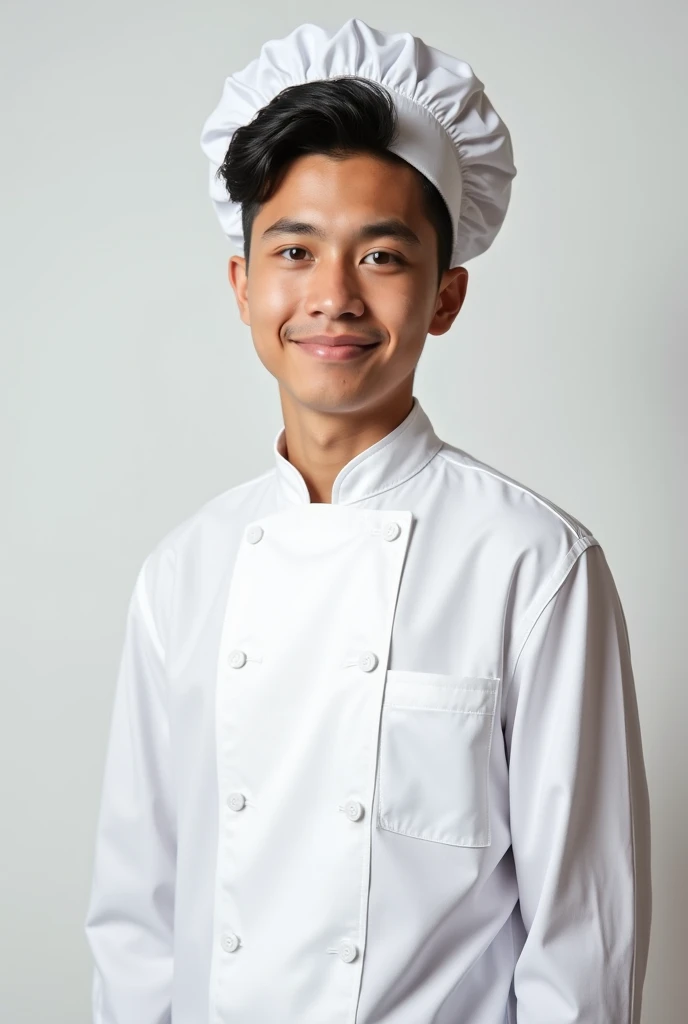 A young 17-year-old male student, Salvadoran features with light skin wearing a white chefs gastronomy uniform, including a chefs hat and impeccable chefs jacket. The background is a light and neutral tone that highlights the students figure, giving a clea...