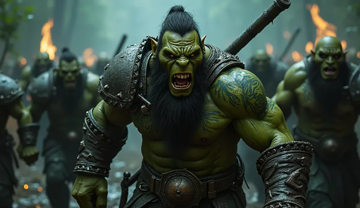 The Orcish Horde"**
- Warcraft Scene:** The camera captures the Orcs donning their armor, sharpening their weapons,
- **Lighting:** Harsh and shadowy, with torches casting an eerie glow.
- **Details:** Green-skinned warriors with tribal tattoos, heavy armo...