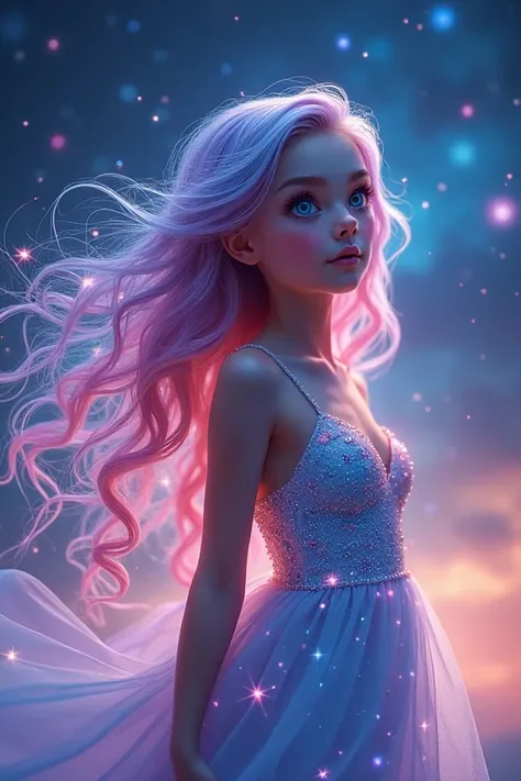 An extremely beautiful and cute starry girl, close up A stunning, multicolored starry girl with vibrant flowing hair that shimmers in hues of blues, pinks, and purples, adorned with tiny glowing stars. Her luminous skin radiates a soft, ethereal glow, high...