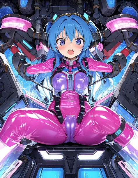 (hatsune miku),             ( muv-luv suits, ),   ( restrained, restrained by machine, shining vinyl translucent pilot suits, sitting on mechanical cockpit, ), cool girl, seriously,  (bang dream style), cybernetic cockpit seat background , ( panties, m-sha...