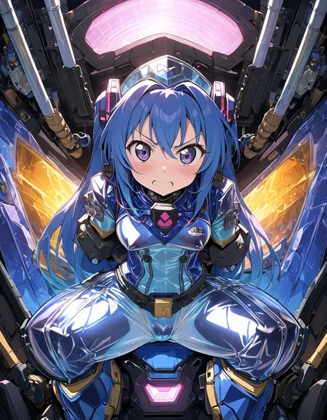 (hatsune miku),             ( muv-luv suits, ),   ( restrained, restrained by machine, shining vinyl translucent pilot suits, sitting on mechanical cockpit, ), cool girl, seriously,  (bang dream style), cybernetic cockpit seat background , ( panties, m-sha...