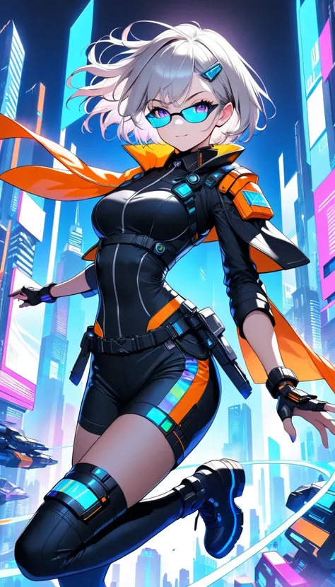 " A futuristic police officer with a confident and authoritarian stance .  She wears a modern and tight uniform ,  with metallic details and neon lights ,  that mixes functionality and style .  The costume consists of a top with leather straps and a combat...