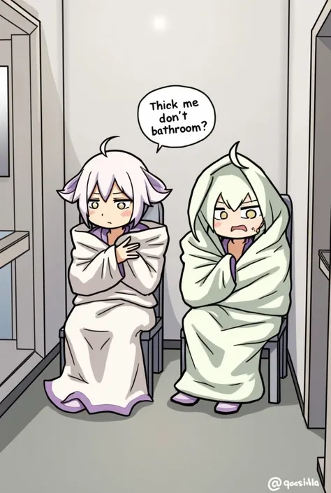 Two friends sitting in a small room, one bundled in a blanket with a sarcastic expression, casually gesturing as if saying ‘don’t bother.’ The other looks frustrated, sitting near the bathroom door, still wrapped in a towel.”