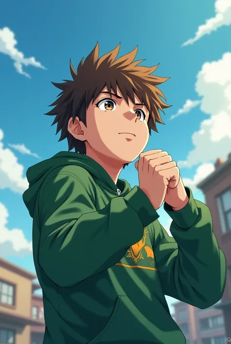 A male teenager wearing a green sweatshirt and brown hair with a serious face in a fighting position looking up at the sky anime-style 