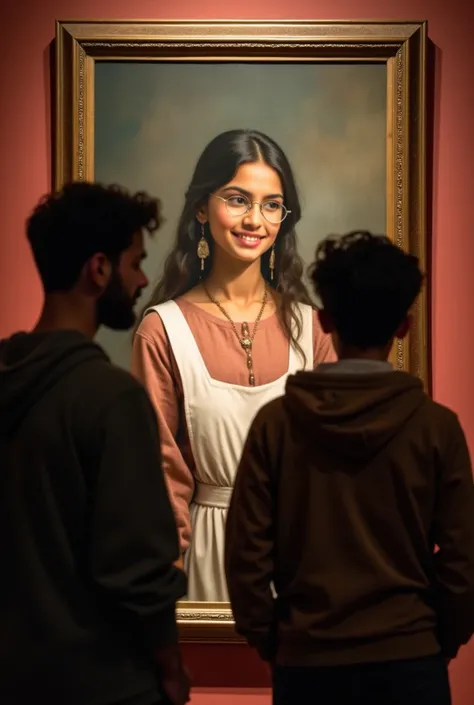 a young men (33-32) year and a 5-  girl are in  a museum and they are look at a frame looking at a beautiful  22-23 year girl who is with a salwar kamiz, white apron and a spectacles with long hair and smile and it will be from the back side of young men a...