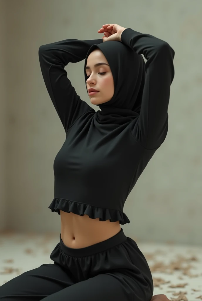 Young woman wearing a hijab. Arms over head, exposed belly. On her knees. Arched back