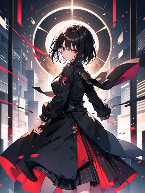 masterpiece, highest quality, highest quality, (no text), Beautiful and aesthetic:1.2),no text,anime、break,anime、break、 one woman、dark haired woman short hair　 Slit Eyes Boyish 　adult　 beautiful eyes　Red and Black　red eyes, cool smile　 skirt　　 Black Coat　F...