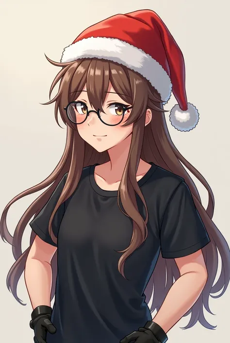 Male anime girl normal skin black shirt with black gloves on her hand and cut glove and long hair
And brown with a normal Christmas hat glasses black normal cheerful smile 