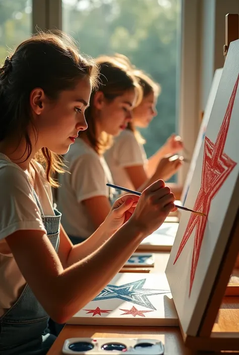 Create realistic photos of female students painting federal stars at the Academic Painting Faculty in the Southern Hemisphere, summer.