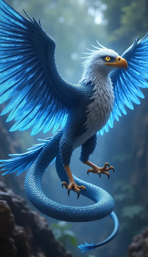 Create a hybrid fusion of an Eagle and a Snake, combining the sharp, majestic wings of the Eagle with the sleek, coiling body of a Snake. The hybrid’s body starts with the serpent’s long, sinuous form, smoothly transitioning into the muscular torso of the ...