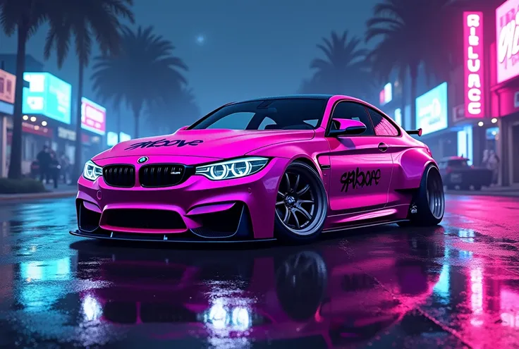 A stylized, digital illustration of a custom-modified, vibrant magenta-pink BMW m4 coupe, showcasing a futuristic aftermarket aesthetic, positioned on a wet asphalt street bathed in a cool, bluish-violet neon light, featuring subtle graffiti-like text on t...