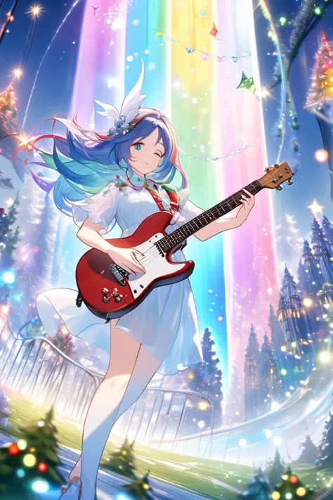  top quality, Super fine, 16k, 2.5D,  Delicate and Dynamic Depiction ,Float in the sky while playing the guitar, Christmas, long hair,Play sacred sounds with beautiful game characters on guitars,  Transparent, translucent, and rainbow-colored barriers brea...