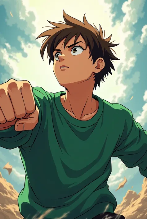 A male teenager wearing a green sweatshirt and brown hair with a serious face in a fighting position looking up at the sky in anime style 