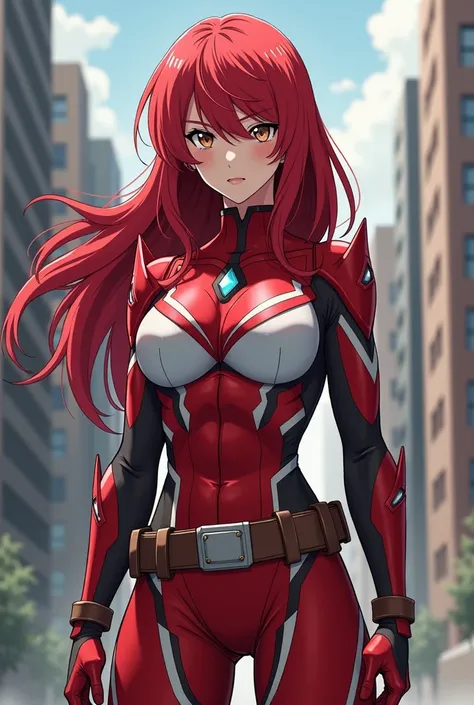    My Hero Academia Style ,     anime girl   , woman, young woman ,    full body shot  ,( Combat Stance :1.3), long hair, Red Hair,    Brown Eyes  ,  hero suit, Full Body Suit,   red suit with white details,   perfect anatomy ,  Reinforced ABS ,  super det...