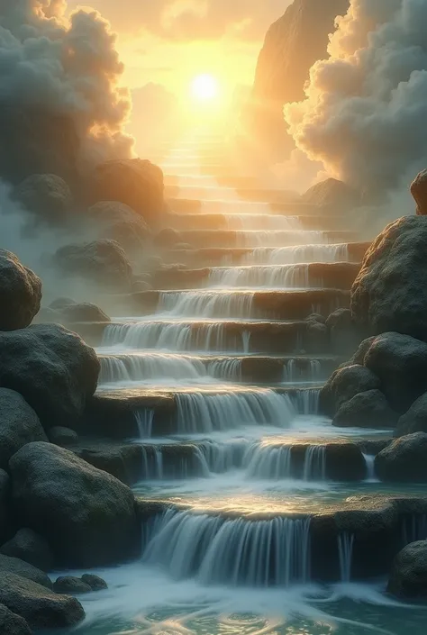 Realistic water flowing down a set of stone stairs, surrounded by soft clouds and golden sunlight. The scene is dreamy and heavenly with glowing light at the top of the stairs