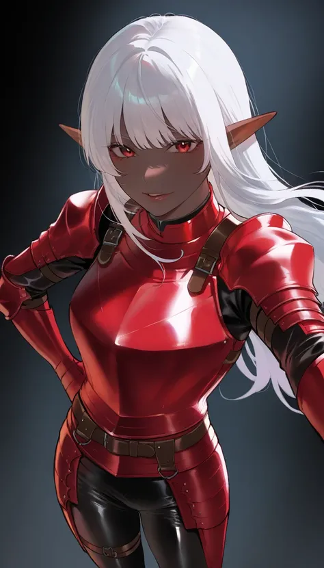 detailed face, detailed body,shiny skin,photorealistic, dutch angle, masterpiece, best quality, amazing quality, very aesthetic, absurdres,  newest, scenery, volumetric lighting,
view from above,
girl white hair red eyes dark skin elf ears dressed in leath...