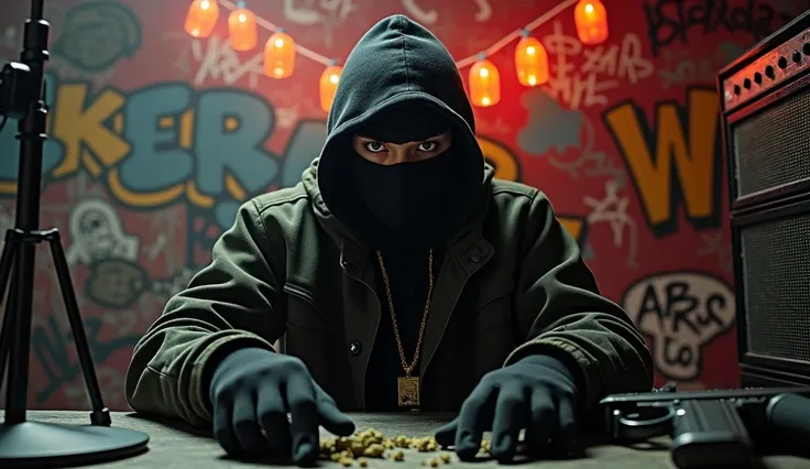 A poor and dangerous rapper who wears balaclavas and gloves in a recording studio with sportswear and a gun at his side and marijuana and with a graffiti background