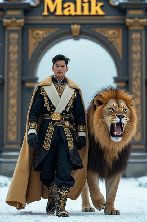  Hyper realistic image of 25-year-old Indonesian male emperor, full body shot ,  mans face is very clear ,  face facing the camera,  scene featuring a large lion roaring angrily ,  Lion must walk with man ,  wearing a black and white tuxedo, wearing a gold...