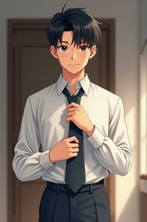 High school boy tying a tie