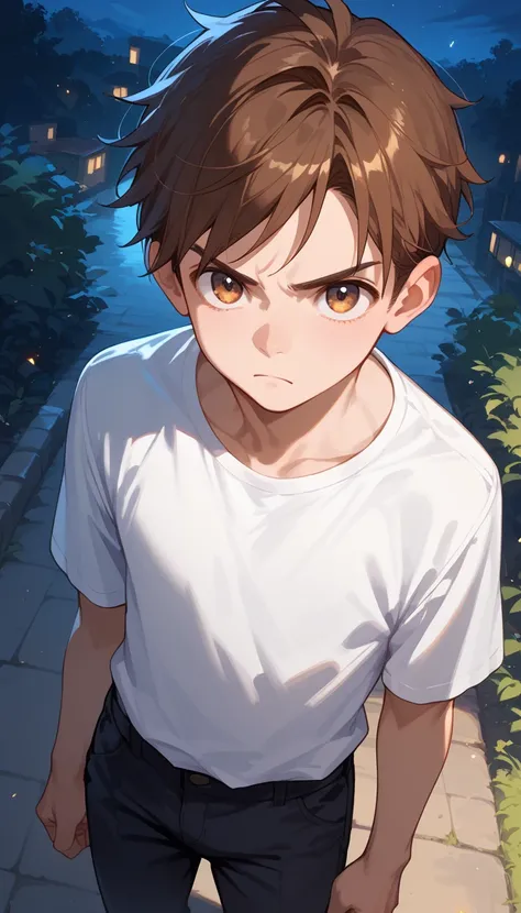 score_9, score_8_up, score_7_up, score_6_up, source_anime, (solo), (young boy, brown hair, looking up, (Brave expression), determined), (outdoors), night time, (View from front), (View from above), white shirt, black pants
