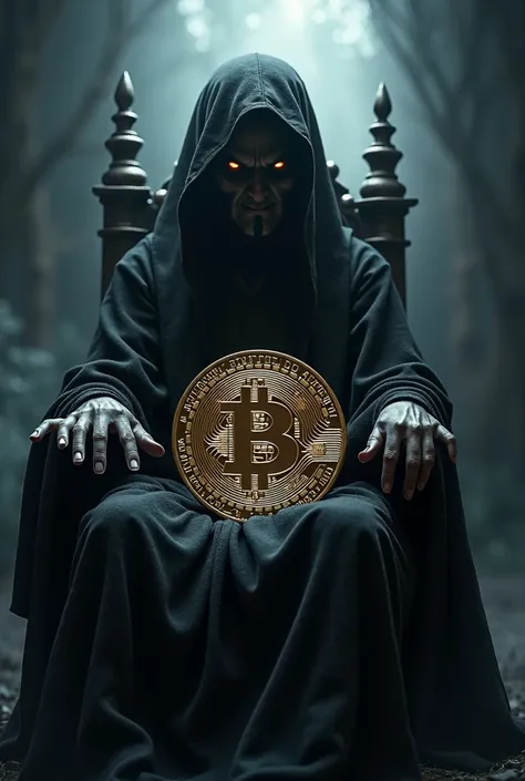 A dark and strange throne, where the bitcoin coin is sitting. Behind the throne, the forehead, hands and sinister eyes protrude. The whole atmosphere is dark.