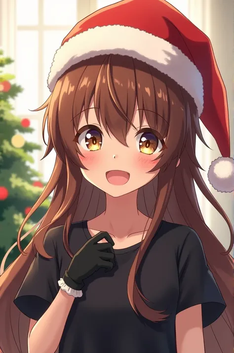 Anime male girl normal skin long brown hair ,  Christmas hat black gloves black shirt and black glasses normal smile looking at the camera 