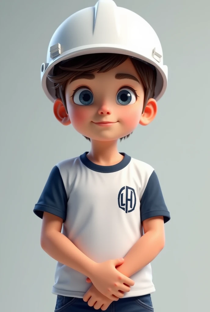 Boy cute civil engineer with little muscle wearing white helmet white dark blue collared T-shirt with LH-Decor initials logo light blue eyes, chocolate colored hair looking straight ahead folded hands